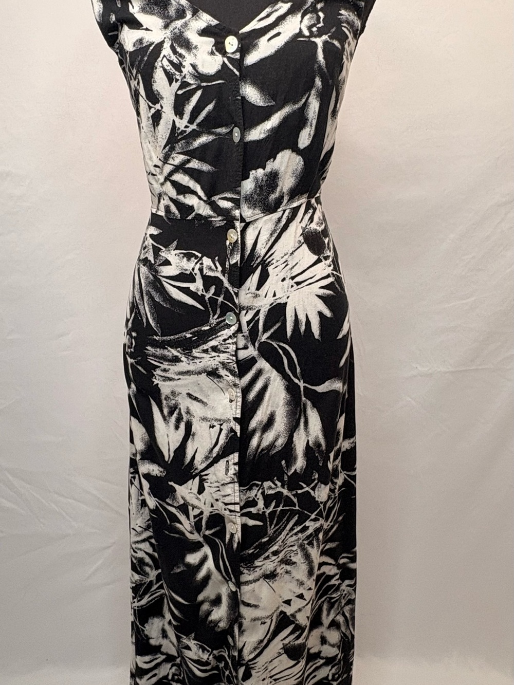 Black & White Floral Maxi Dress with Button-Front